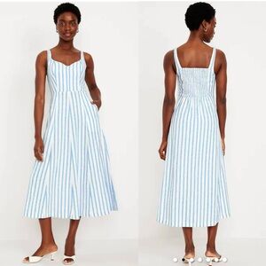 Old Navy Fit Flare Sleeveless Linen Blend Midi Dress XXL Blue White Stripe NWT